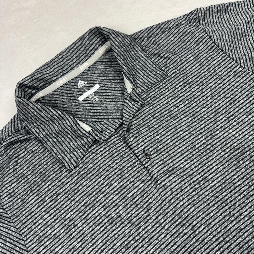 Adidas Golf Polo Shirt Mens L Gray Striped Tagless 100% Polyester Jersey